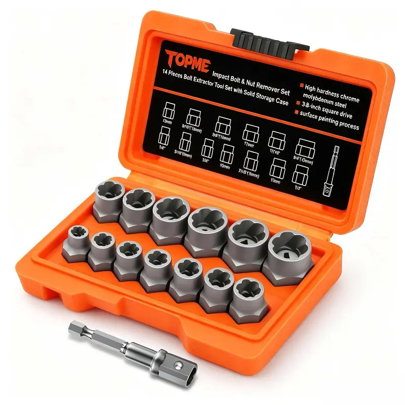 TOPME Bolt Extractor Kit – 14 Pieces – 13pc bolt extractor and 1 impact socket adapter