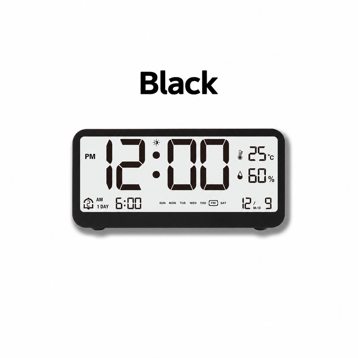 Black digital temperature and humidity alarm clock
