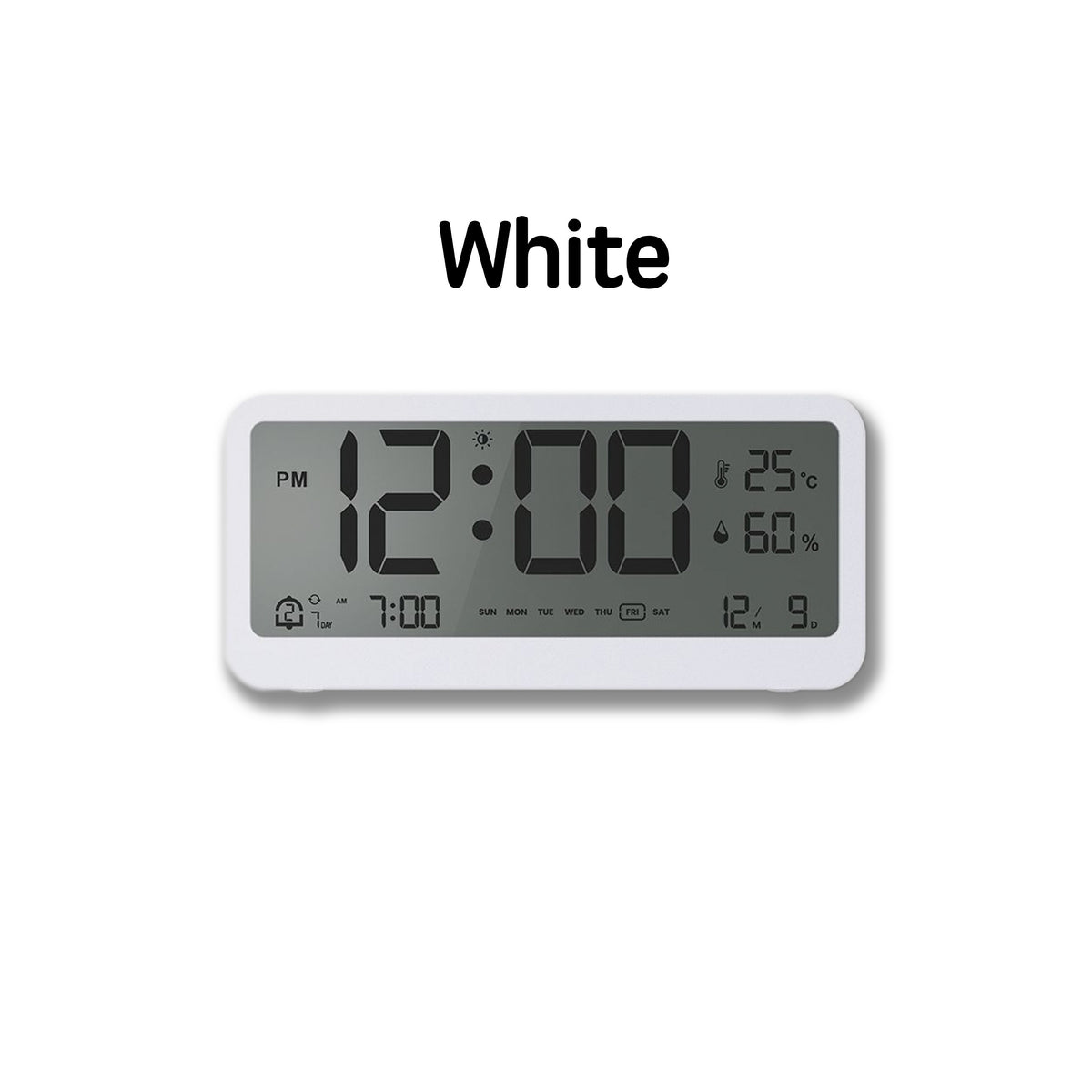White digital temperature and humidity alarm clock