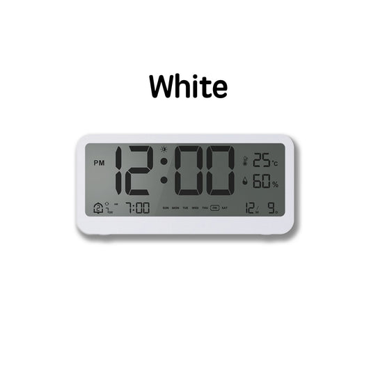 White digital temperature and humidity alarm clock