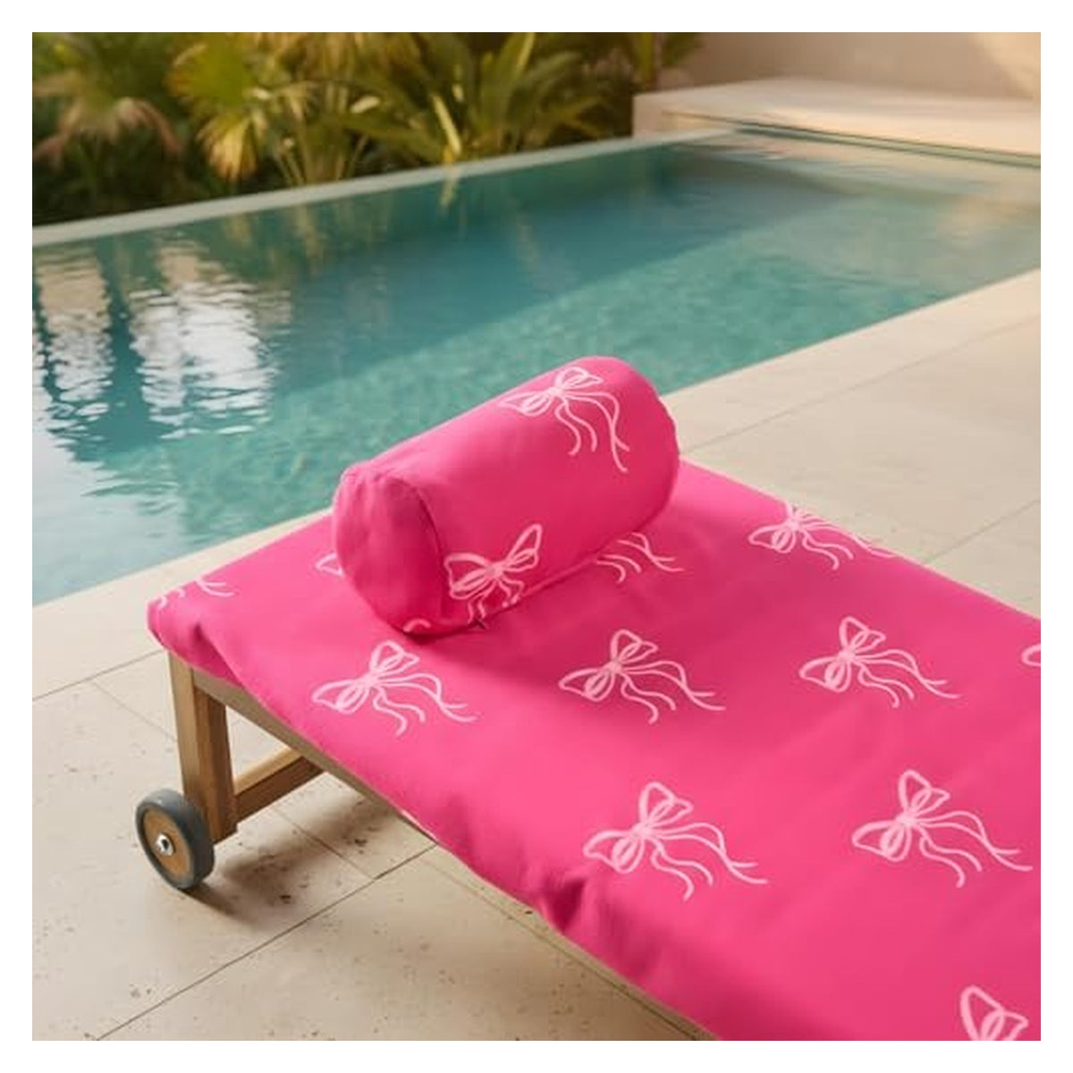 OHS Sun Lounger Towel and Inflatable Pillow Bundle - Bows -Pink