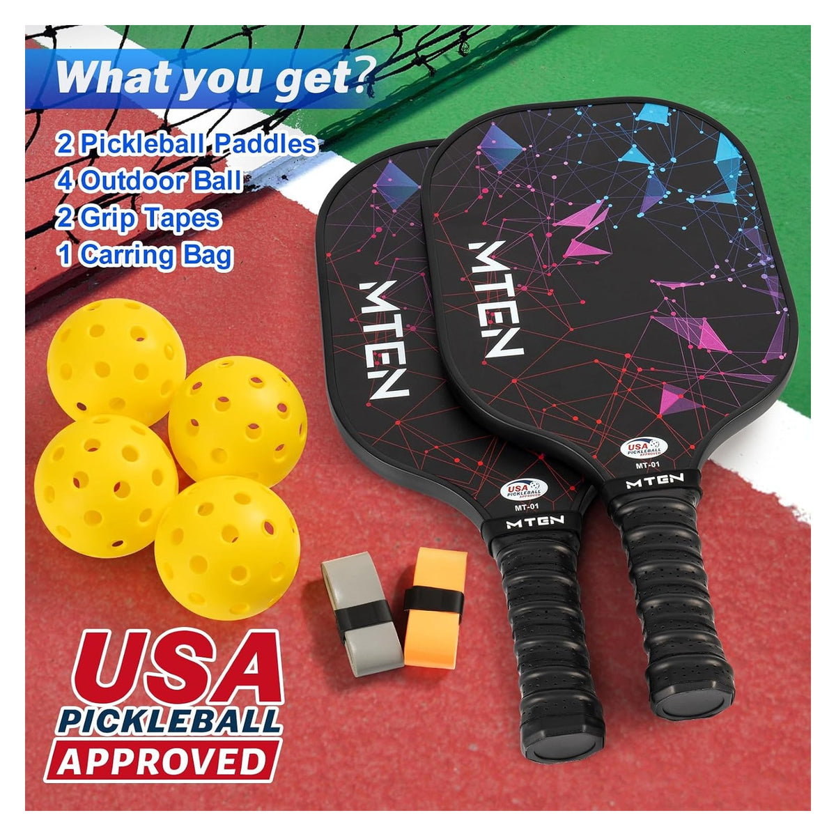 MTEN Pickleball Paddles Set of 2/4/1, USAPA Approved Fiberglass Rackets original product photo