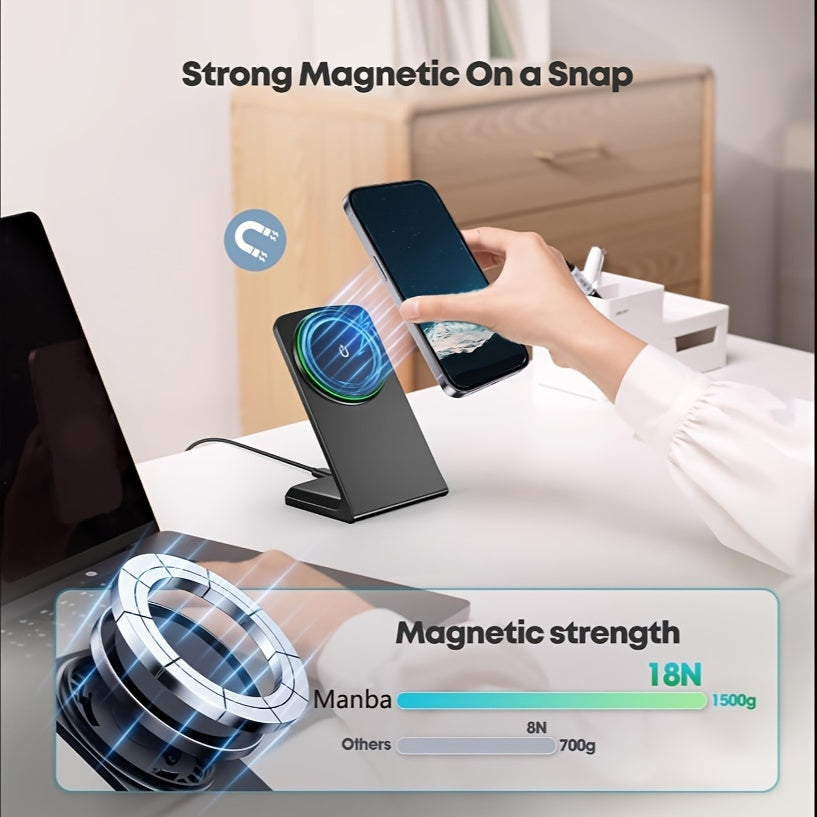 Black magnetic wireless charging phone stand — product illustration