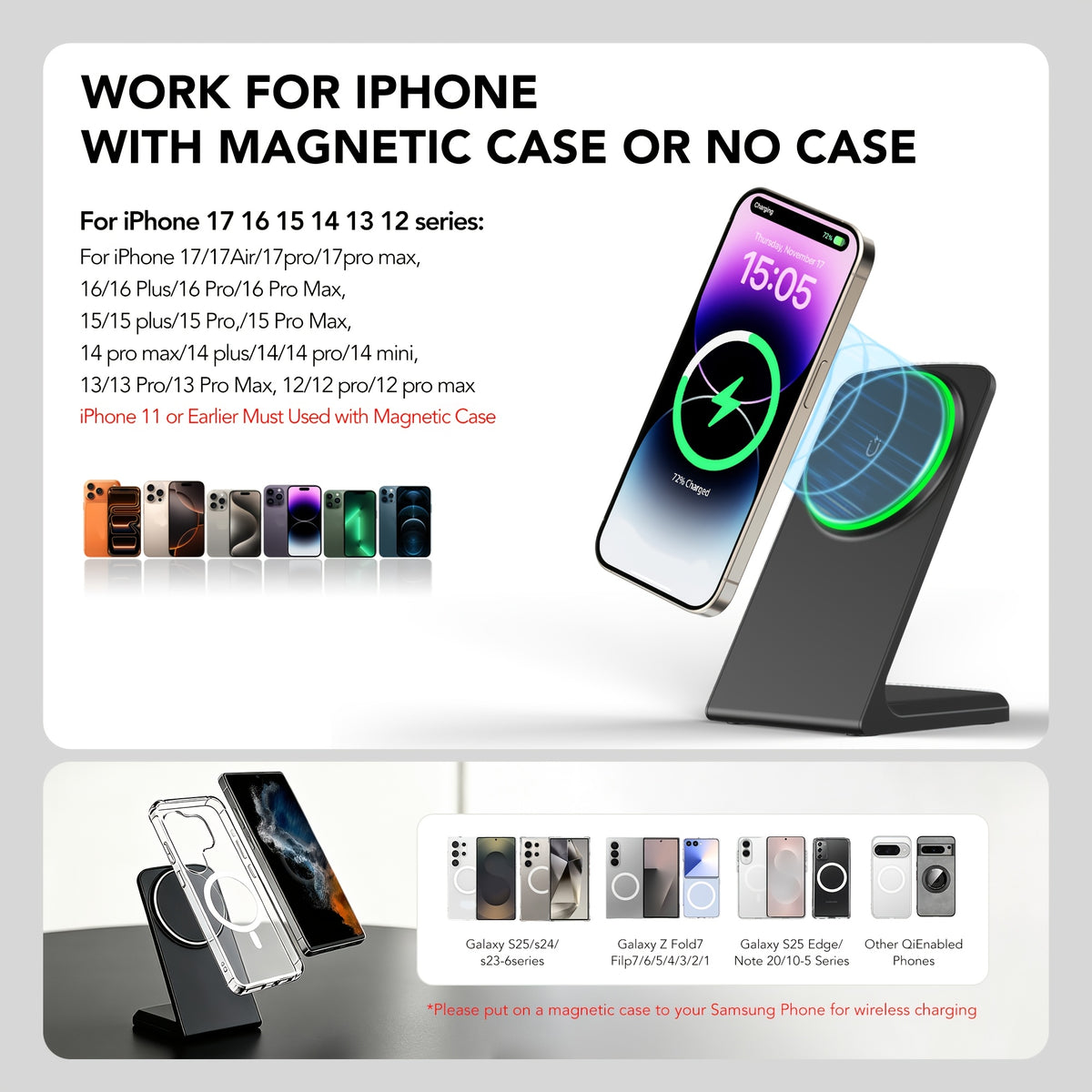 Black magnetic wireless charging phone stand — product illustration