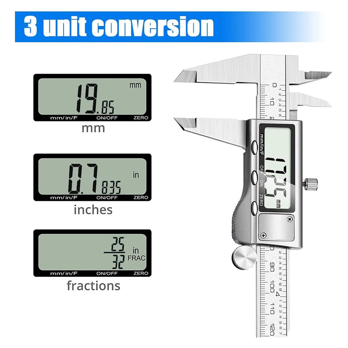 Digital Caliper Measuring Tool, Stainless Steel Vernier Caliper Digital Micrometer with Large LCD Screen, Easy Switch fr original product photo