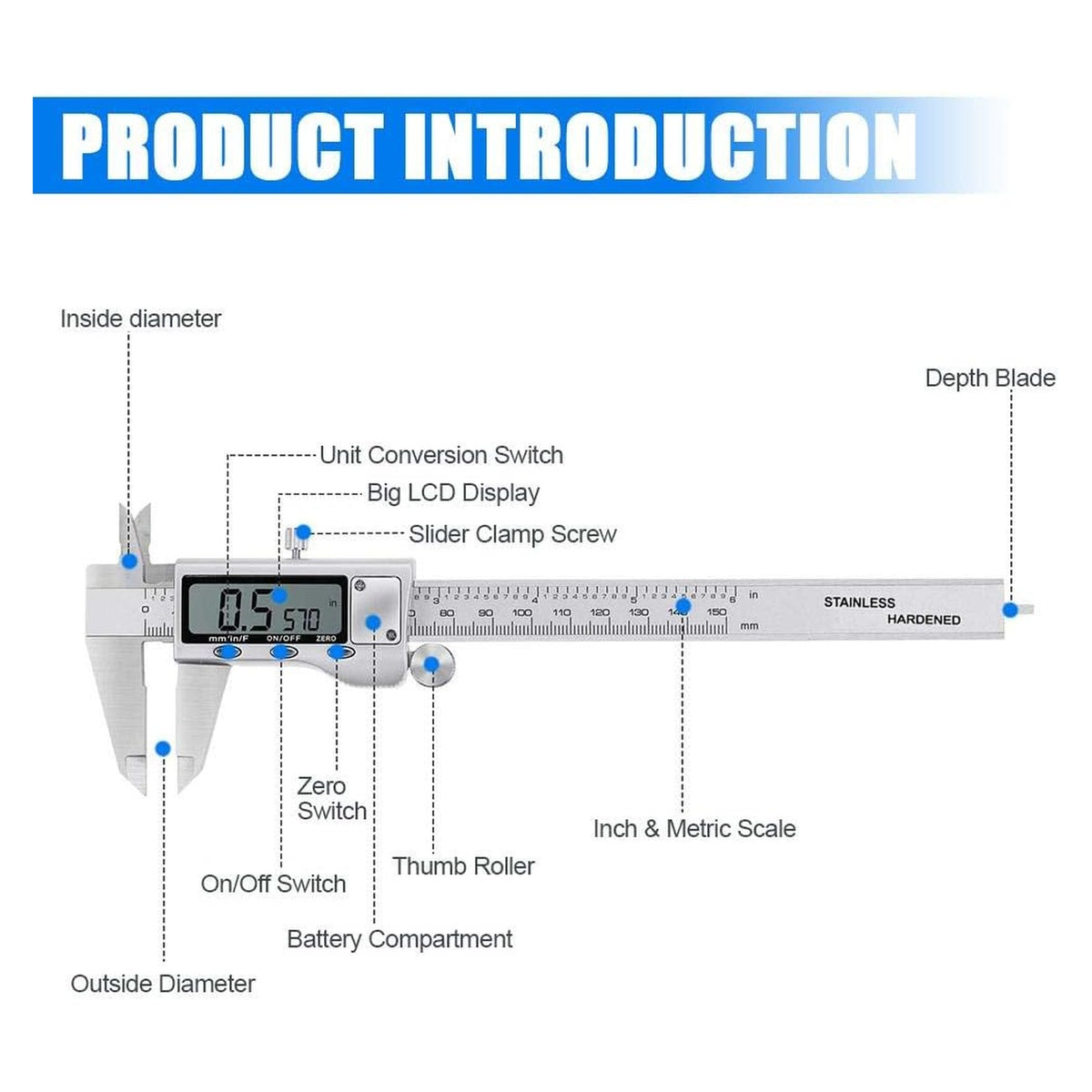 Digital Caliper Measuring Tool, Stainless Steel Vernier Caliper Digital Micrometer with Large LCD Screen, Easy Switch fr original product photo