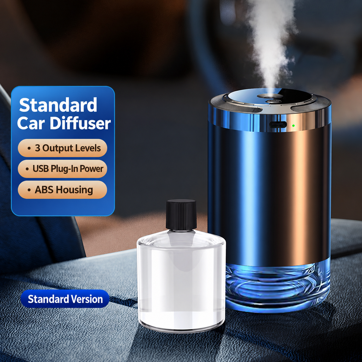 Standard car diffuser with three output levels, USB plug-in power and ABS housing
