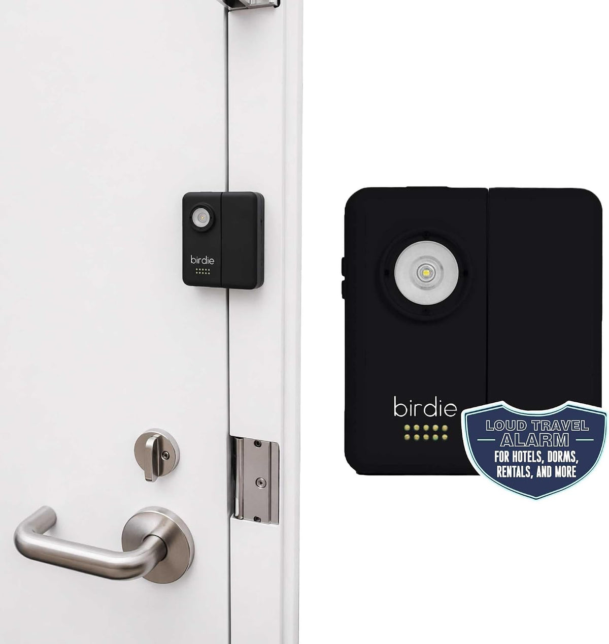 Birdie door alarm in black shown installed on a white door's edge near a lever handle, plus a close-up view showing the circular light\/flashlight lens and dot indicators. Badge reads 'Loud Travel Alarm for Hotels, Dorms, Rentals, and More'.
