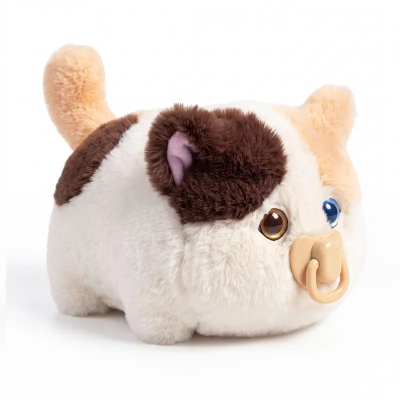 Interactive Fluffy Cat Plush with Magnetic Pacifier – Brown