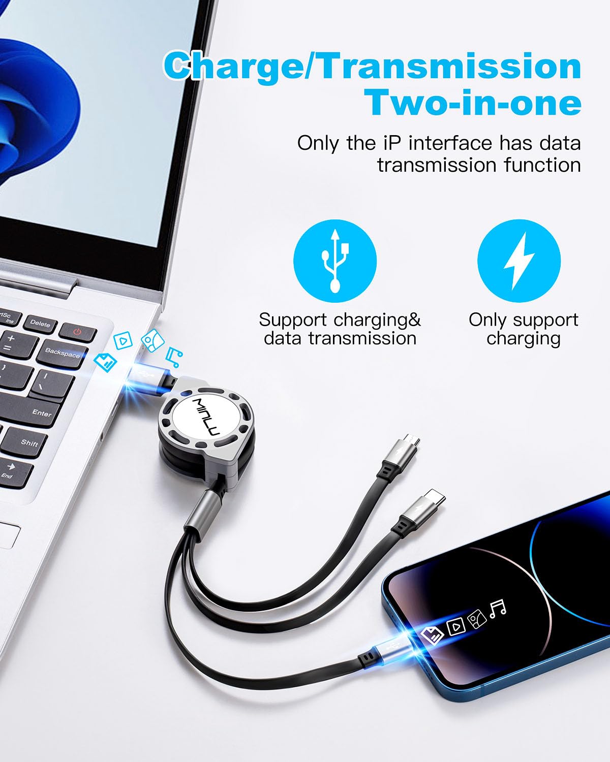 MINLU Retractable 3-in-1 Charging Cables — 4 Cables — original product view 4