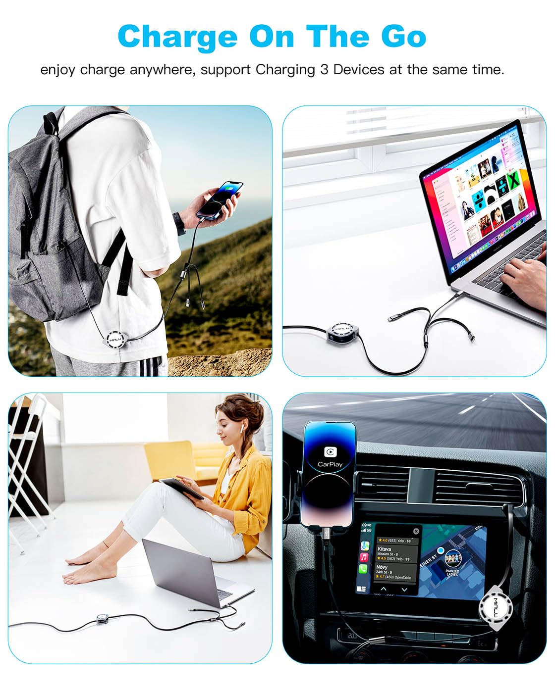 MINLU Retractable 3-in-1 Charging Cables — 4 Cables — original product view 6