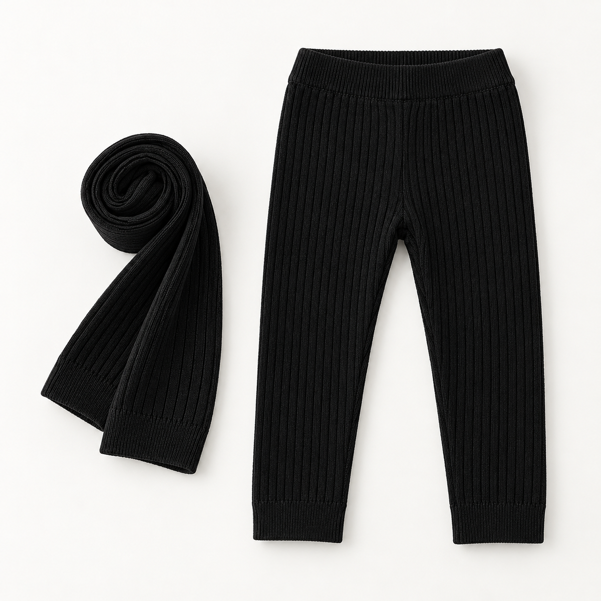 Kids Ribbed Knit Leggings – Two Matching 2-Packs – Black