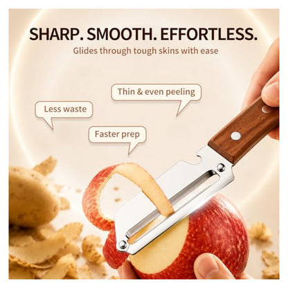 A hand holds a vegetable peeler with a dark wood handle and silver stainless steel swivel blade, peeling a red apple. Text reads 'Sharp. Smooth. Effortless.' with callouts: Less waste, Thin & even peeling, Faster prep.