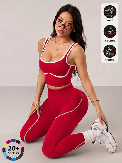 Contrast-Trim Sports Tank & High-Waist Leggings Set – Red