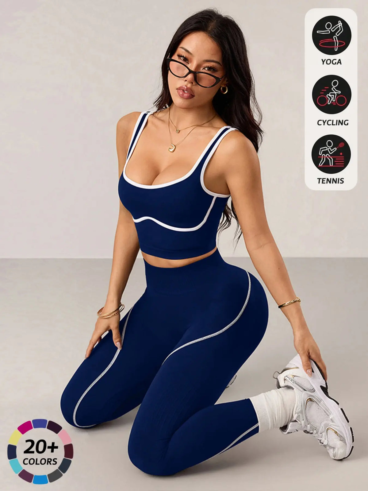Contrast-Trim Sports Tank & High-Waist Leggings Set – Deep blue