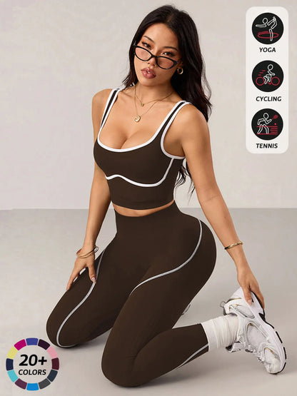 Contrast-Trim Sports Tank & High-Waist Leggings Set – Coffee brown