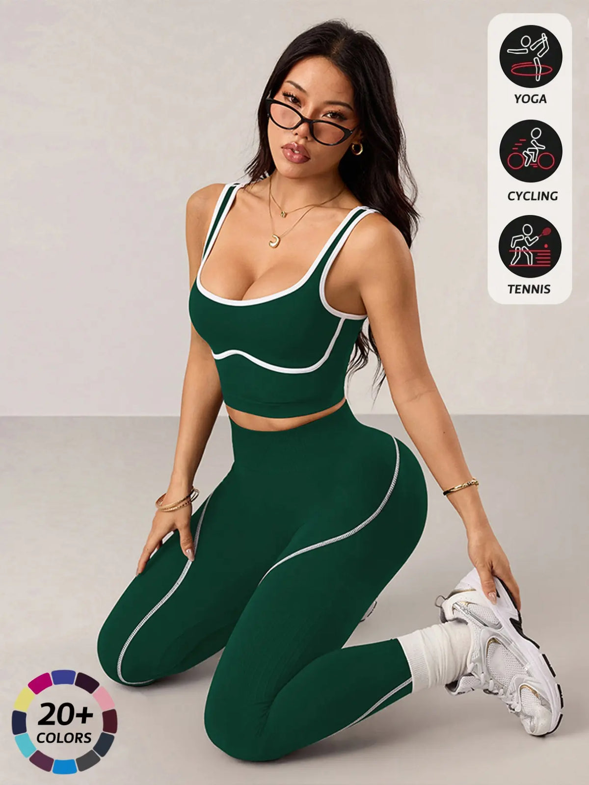 Contrast-Trim Sports Tank & High-Waist Leggings Set – Dark Green
