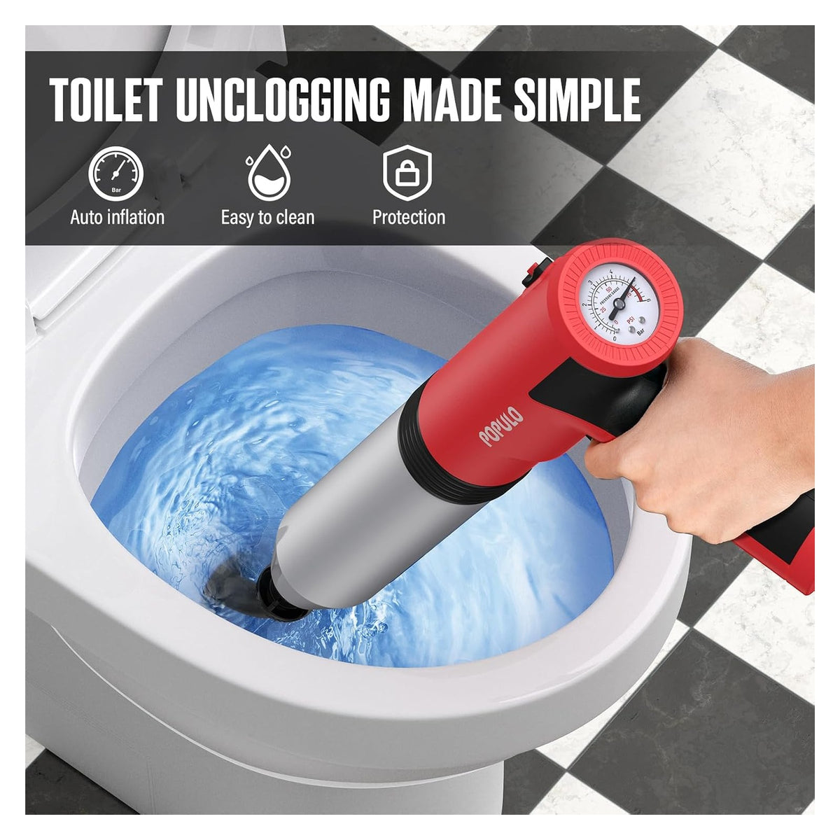 POPULO Electric Toilet Plunger, 5 Bar Air Clog Remover with Built-In Pump original product photo