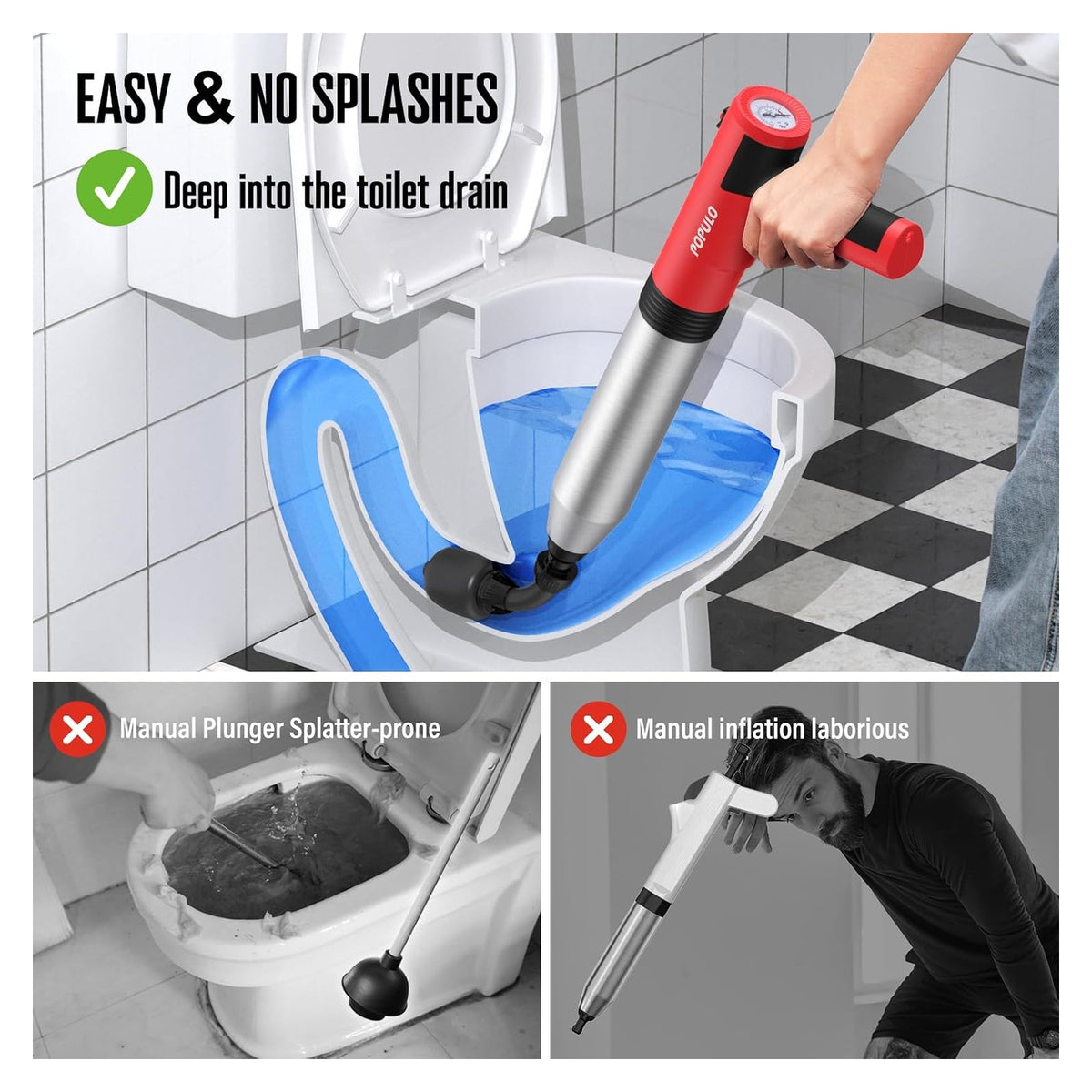 POPULO Electric Toilet Plunger, 5 Bar Air Clog Remover with Built-In Pump original product photo