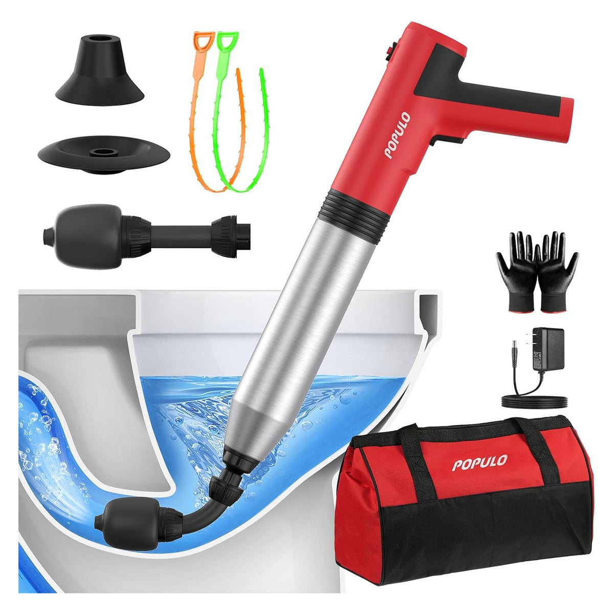 POPULO Electric Toilet Plunger, 5 Bar Air Clog Remover with Built-In Pump original product photo