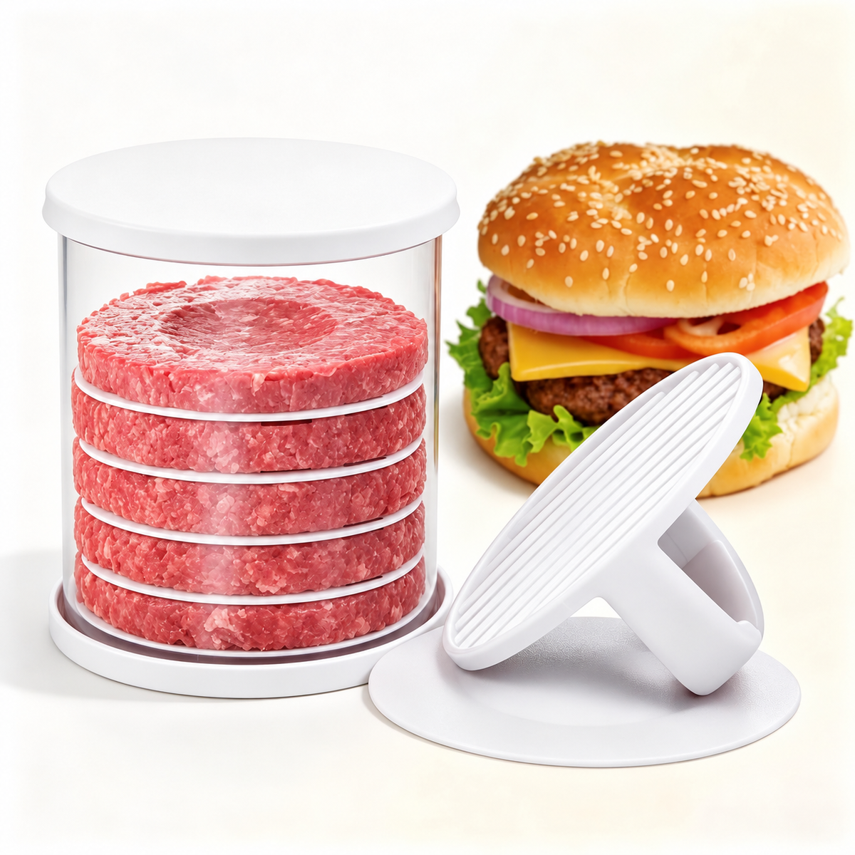 Burger patty press with five layers and four separator disks