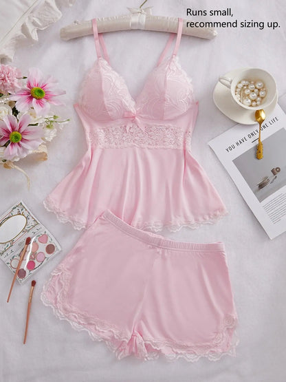 Lace-Trim Cami & Shorts Pajamas – Two Matching Sets – Pink