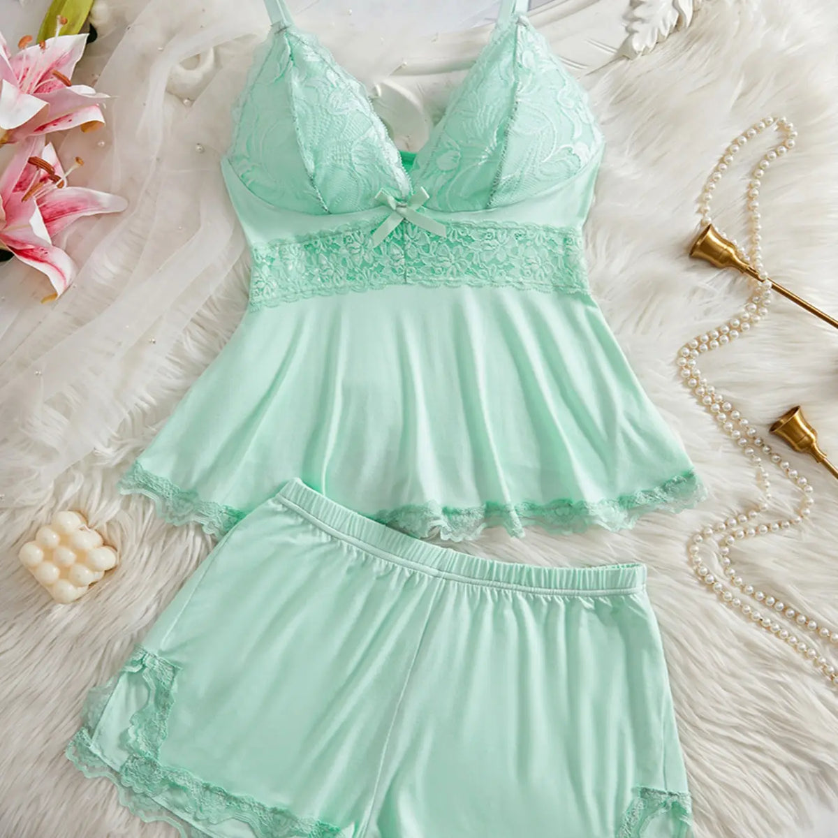 Lace-Trim Cami & Shorts Pajamas – Two Matching Sets – product view