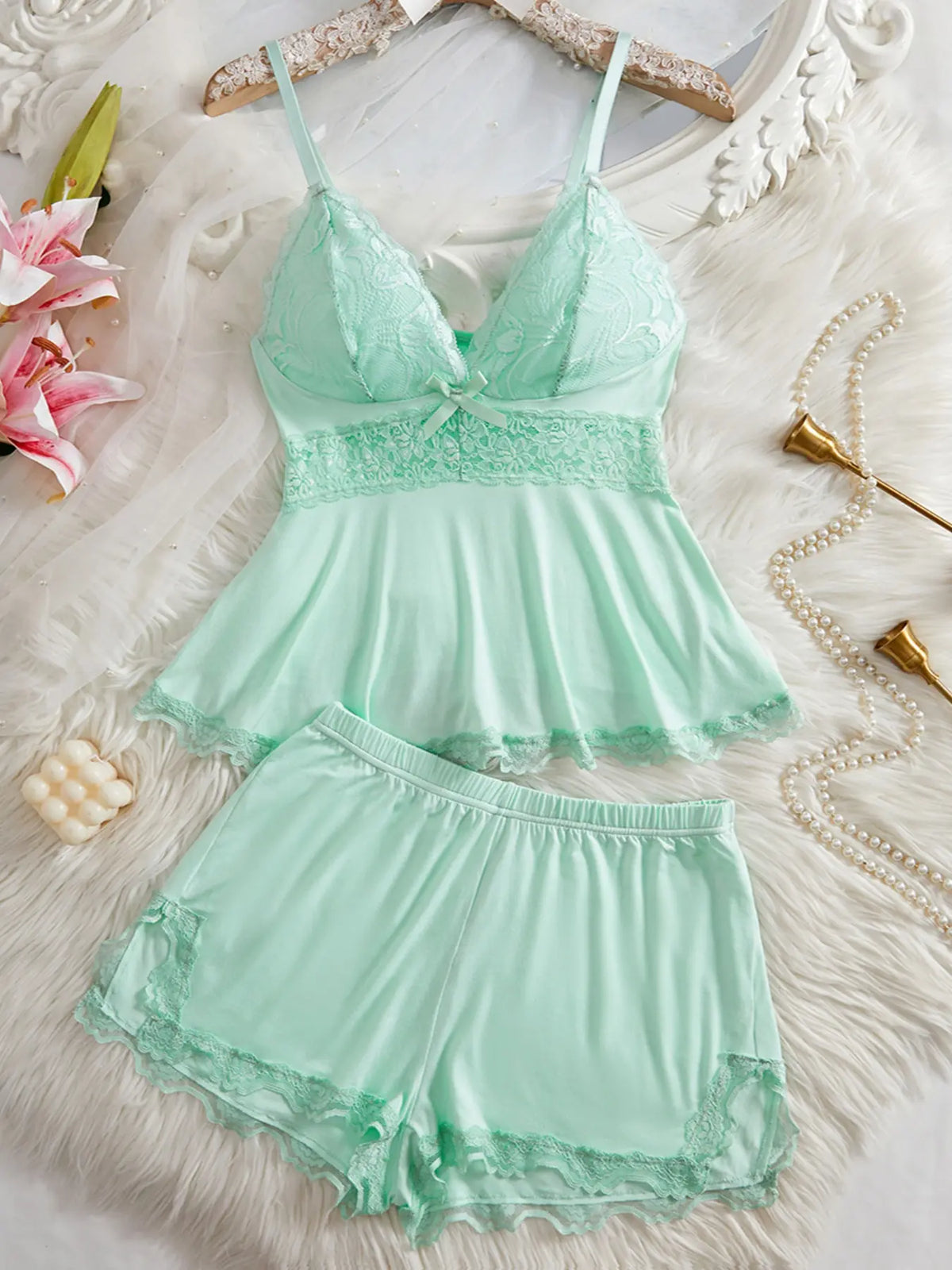 Lace-Trim Cami & Shorts Pajamas – Two Matching Sets – Light green