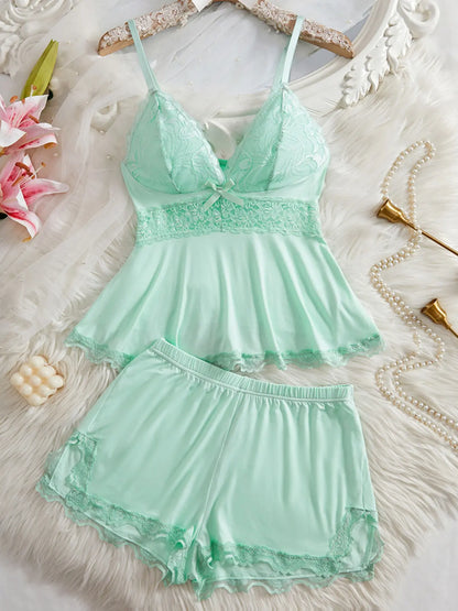 Lace-Trim Cami & Shorts Pajamas – Two Matching Sets – Light green