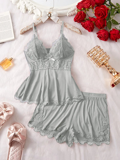 Lace-Trim Cami & Shorts Pajamas – Two Matching Sets – Grey