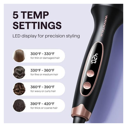 Wavytalk thermal styling brush in matte black with rose gold accents, featuring an LED display showing 425F. Infographic lists 5 temp settings: 300-330F for thin\/damaged hair, 330-360F fine\/medium, 360-390F wavy\/curly, 390-420F thick\/coarse hair.