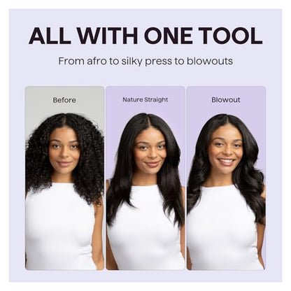 Promotional graphic showing three hair transformation results labeled Before, Nature Straight, and Blowout. Text reads 'All with one tool - From afro to silky press to blowouts.' Same woman shown with curly, straight, and wavy hair.