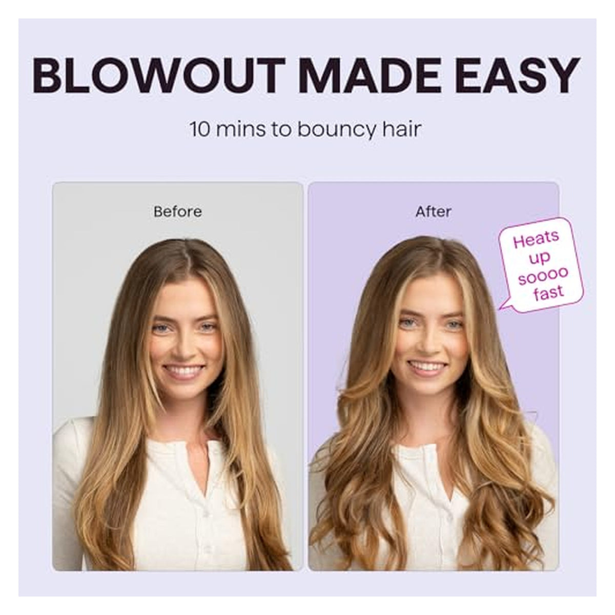 Before and after comparison showing a woman's hair transformation. Left panel: straight, flat hair. Right panel: voluminous, bouncy waves. Header reads 'Blowout Made Easy - 10 mins to bouncy hair.' Callout bubble says 'Heats up soooo fast.'